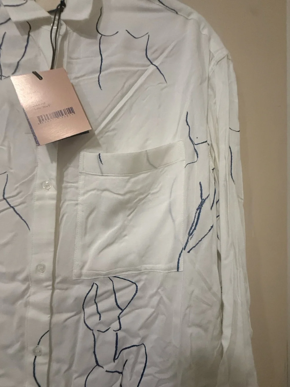 NWT PALOMA WOOL WOMENS LEANDRA BUTTON-UP BLOUSE, SIZE OS (MEDIUM), WHITE/BLUE - Picture 9 of 14